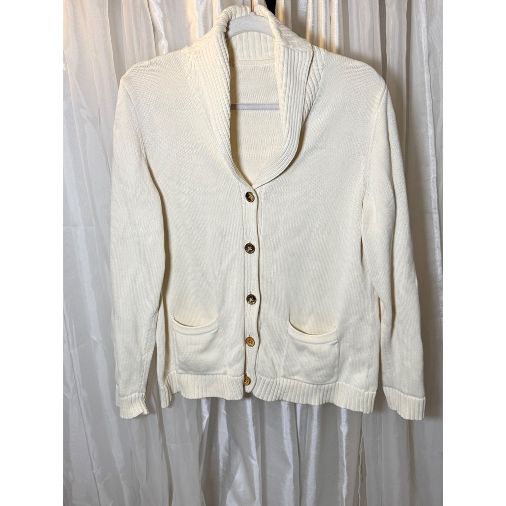 Lauren Ralph Lauren Cardigan Womens M Cream Shawl Collar Gold Button Sweater